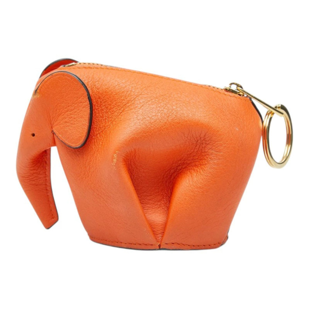 Loewe Elephant Motif Charm Keychain Coin Purse Orange Leather